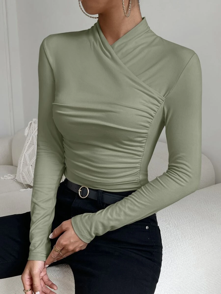 SHEIN Privé Solid Ruched Slim Fit Tee - Mint Green - View 1