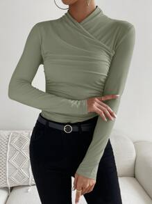 SHEIN Privé Solid Ruched Slim Fit Tee - Mint Green - View 3