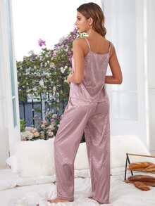 Jacquard Contrast Piping Satin PJ Set - Dusty Purple - View 2