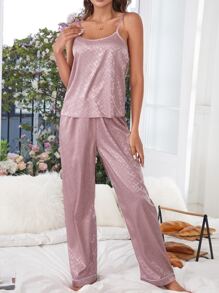Jacquard Contrast Piping Satin PJ Set - Dusty Purple - View 4