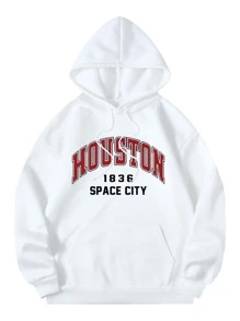 SHEIN EZwear Letter Graphic Kangaroo Pocket Drawstring Thermal Hoodie - White - View 1