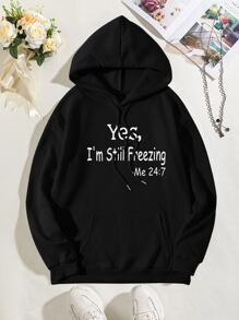 SHEIN EZwear Slogan Graphic Kangaroo Pocket Drawstring Thermal Hoodie - Black - View 1