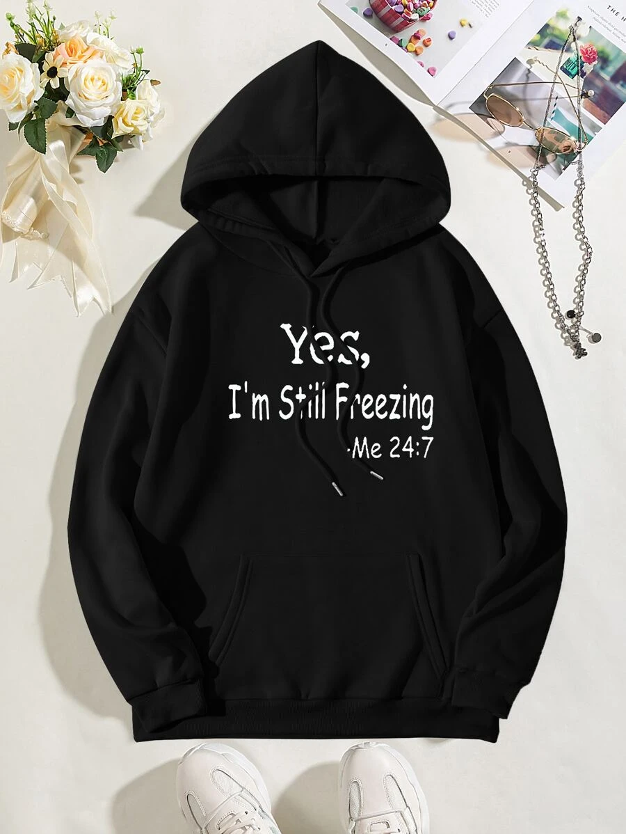 SHEIN EZwear Slogan Graphic Kangaroo Pocket Drawstring Thermal Hoodie - Black - View 1