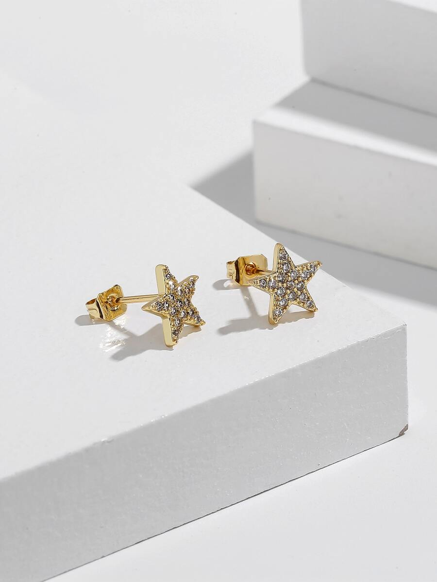 1入組方晶鋯石星形設計耳釘銅首飾類 - 金黃色 - 查看 1