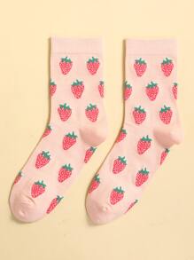 Strawberry Pattern Crew Socks - Pink - View 1