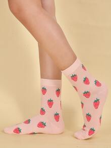 Strawberry Pattern Crew Socks - Pink - View 2