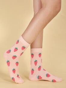 Strawberry Pattern Crew Socks - Pink - View 4