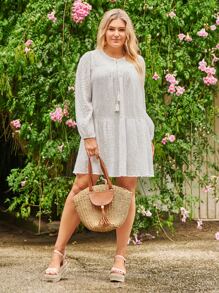 SHEIN LUNE Plus Solid Tassel Tie Neck Smock Dress - White - View 7