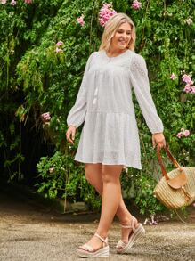 SHEIN LUNE Plus Solid Tassel Tie Neck Smock Dress - White - View 8