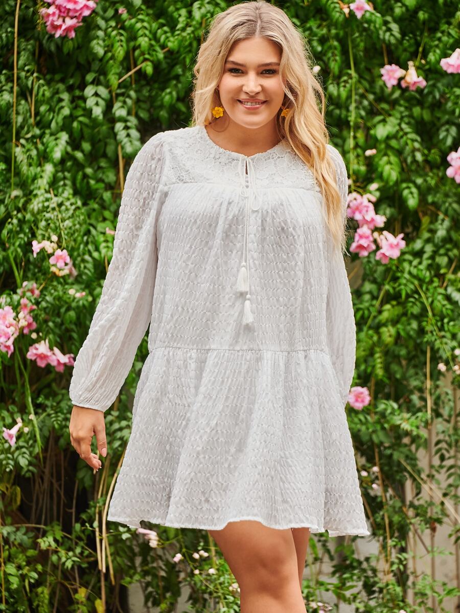 SHEIN LUNE Plus Solid Tassel Tie Neck Smock Dress - White - View 1