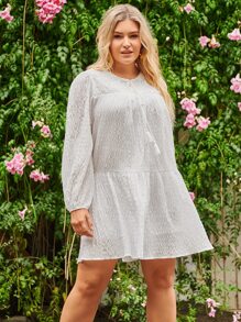 SHEIN LUNE Plus Solid Tassel Tie Neck Smock Dress - White - View 2