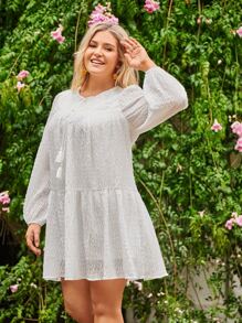 SHEIN LUNE Plus Solid Tassel Tie Neck Smock Dress - White - View 5