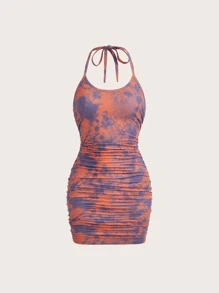 thegypsygoddess Tie Dye Ruched Backless Halter Dress - Multicolor - View 1