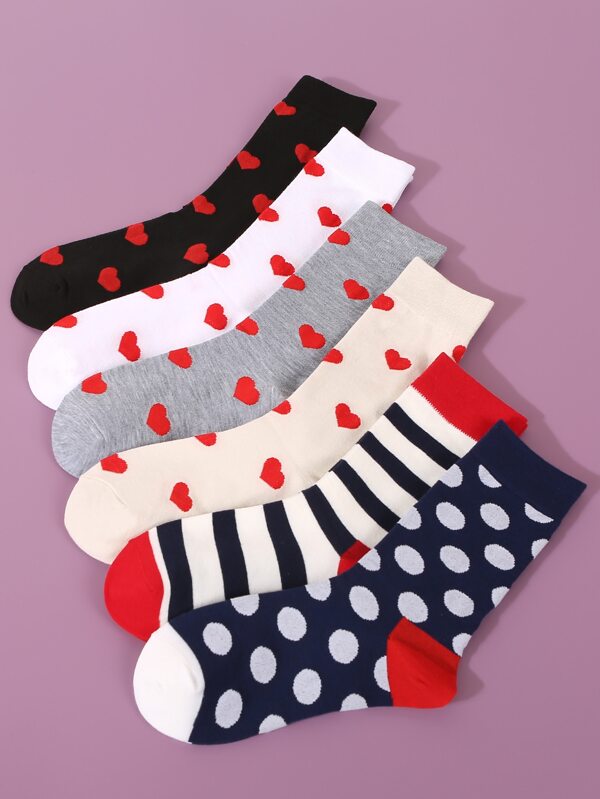 6pairs Striped & Heart Pattern Crew Socks SHEIN USA