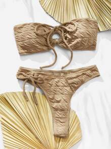 SHEIN Swim Tie Front Bandeau Summer Beach Bikini Set - Khaki - View 1