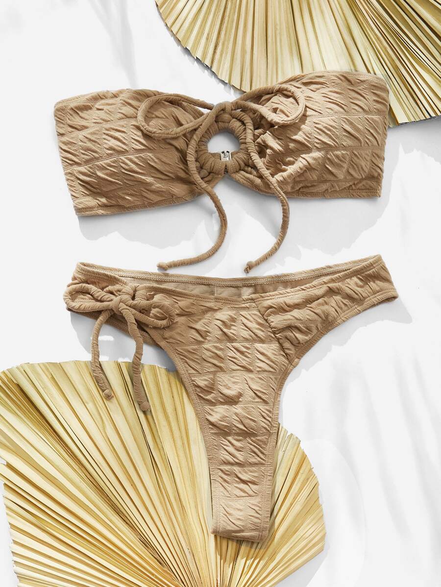 SHEIN Swim Tie Front Bandeau Summer Beach Bikini Set - Khaki - View 1