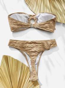 SHEIN Swim Tie Front Bandeau Summer Beach Bikini Set - Khaki - View 2