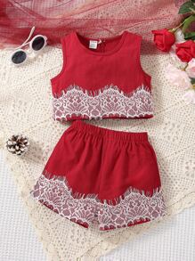 Baby Contrast Lace Tank Top & Shorts - Burgundy - View 1