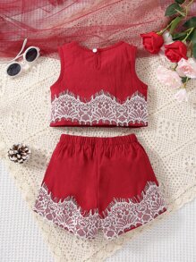 Baby Contrast Lace Tank Top & Shorts - Burgundy - View 2
