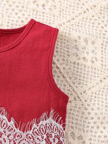 Baby Contrast Lace Tank Top & Shorts - Burgundy - View 3