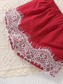 Baby Contrast Lace Tank Top & Shorts - Burgundy - View 6