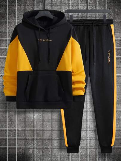 Guys Letter Graphic Two Tone Drawstring Hoodie & Contrast Sideseam Sweatpants