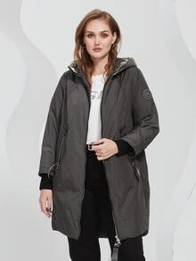 Plus Size Colorblock Zip Up Áo khoác đệm có mũ trùm đầu - Màu xám đen - Xem 3
