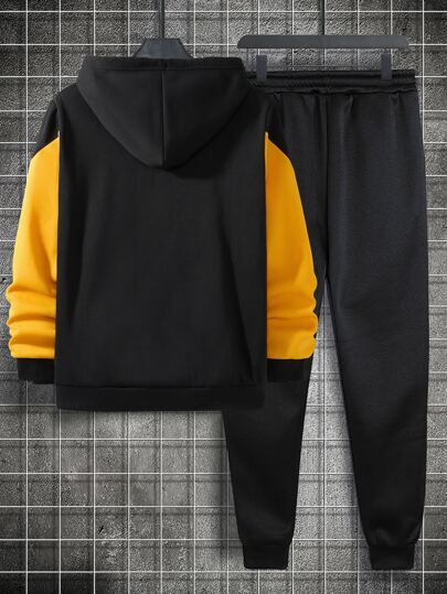 Guys Letter Graphic Two Tone Drawstring Hoodie & Contrast Sideseam Sweatpants