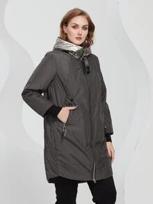 Plus Size Colorblock Zip Up Áo khoác đệm có mũ trùm đầu - Màu xám đen - Xem 4