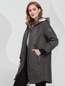 Plus Size Colorblock Zip Up Áo khoác đệm có mũ trùm đầu - Màu xám đen - Xem 5