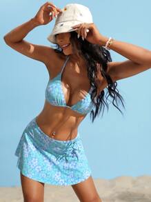 Floral Halter Triangle Summer Beach Bikini Set With Beach Skirt - Multicolor - View 5