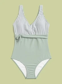 Teen Girls Striped Knot Front One Piece Swimsuit - Multicolor - View 5