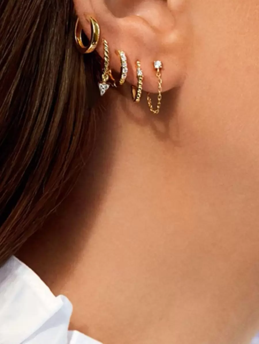 SHEIN VCAY 5對水鑽裝飾耳環 - 金黃色 - 查看 1