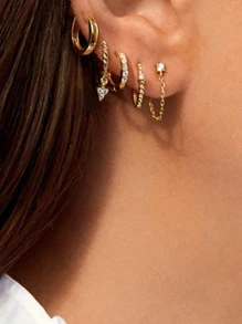 SHEIN VCAY 5對水鑽裝飾耳環 - 金黃色 - 查看 3