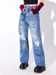 ROMWE Anime Figure Graphic Ripped Straight Leg Jeans - Medium Wash - View 1