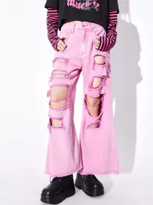 ROMWE Anime Ripped Wide Leg Jeans Without Belt - Pink - View 1