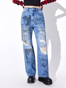 ROMWE Anime Figure Graphic Ripped Straight Leg Jeans - Medium Wash - View 2