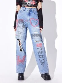 ROMWE Anime Letter & Cartoon Face Print Ripped Straight Leg Jeans - Medium Wash - View 1