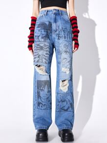 ROMWE Anime Figure Graphic Ripped Straight Leg Jeans - Medium Wash - View 3