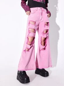ROMWE Anime Ripped Wide Leg Jeans Without Belt - Pink - View 3