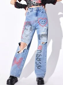 ROMWE Anime Letter & Cartoon Face Print Ripped Straight Leg Jeans - Medium Wash - View 2