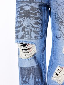 ROMWE Anime Figure Graphic Ripped Straight Leg Jeans - Medium Wash - View 4
