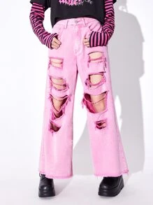 ROMWE Anime Ripped Wide Leg Jeans Without Belt - Pink - View 4