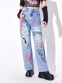 ROMWE Anime Letter & Cartoon Face Print Ripped Straight Leg Jeans - Medium Wash - View 3