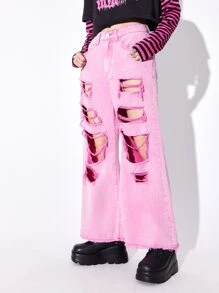 ROMWE Anime Ripped Wide Leg Jeans Without Belt - Pink - View 5