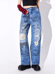 ROMWE Anime Figure Graphic Ripped Straight Leg Jeans - Medium Wash - View 5