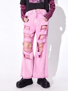ROMWE Anime Ripped Wide Leg Jeans Without Belt - Pink - View 6