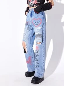 ROMWE Anime Letter & Cartoon Face Print Ripped Straight Leg Jeans - Medium Wash - View 4
