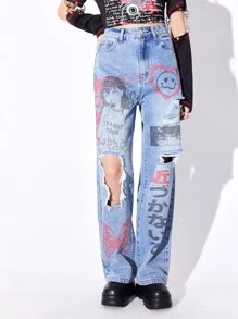 ROMWE Anime Letter & Cartoon Face Print Ripped Straight Leg Jeans - Medium Wash - View 5