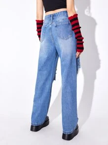 ROMWE Anime Figure Graphic Ripped Straight Leg Jeans - Medium Wash - View 6